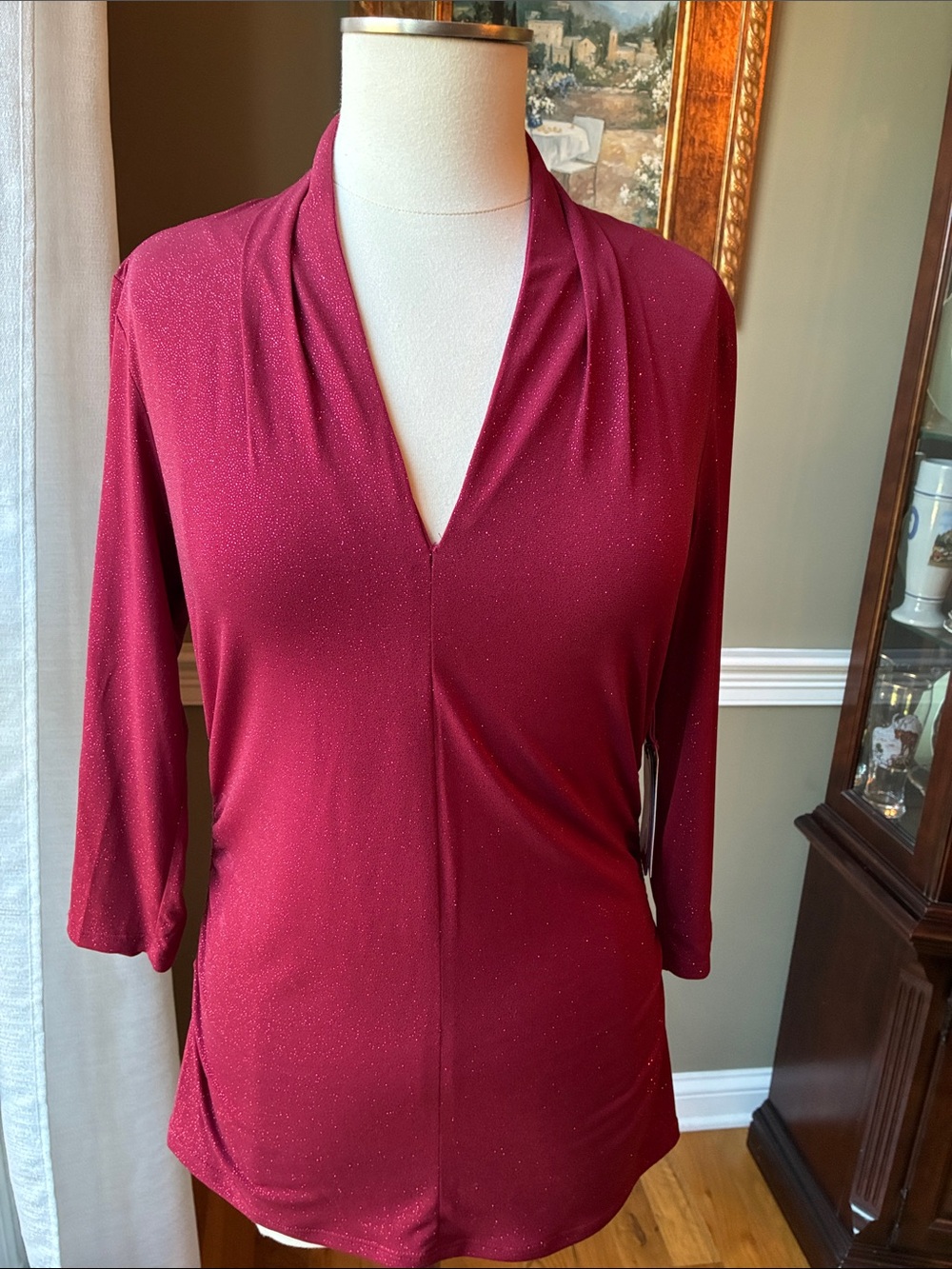 Vince Camuto Burgundy Sparkle V-Neck Long Sleeve Blouse Size Medium